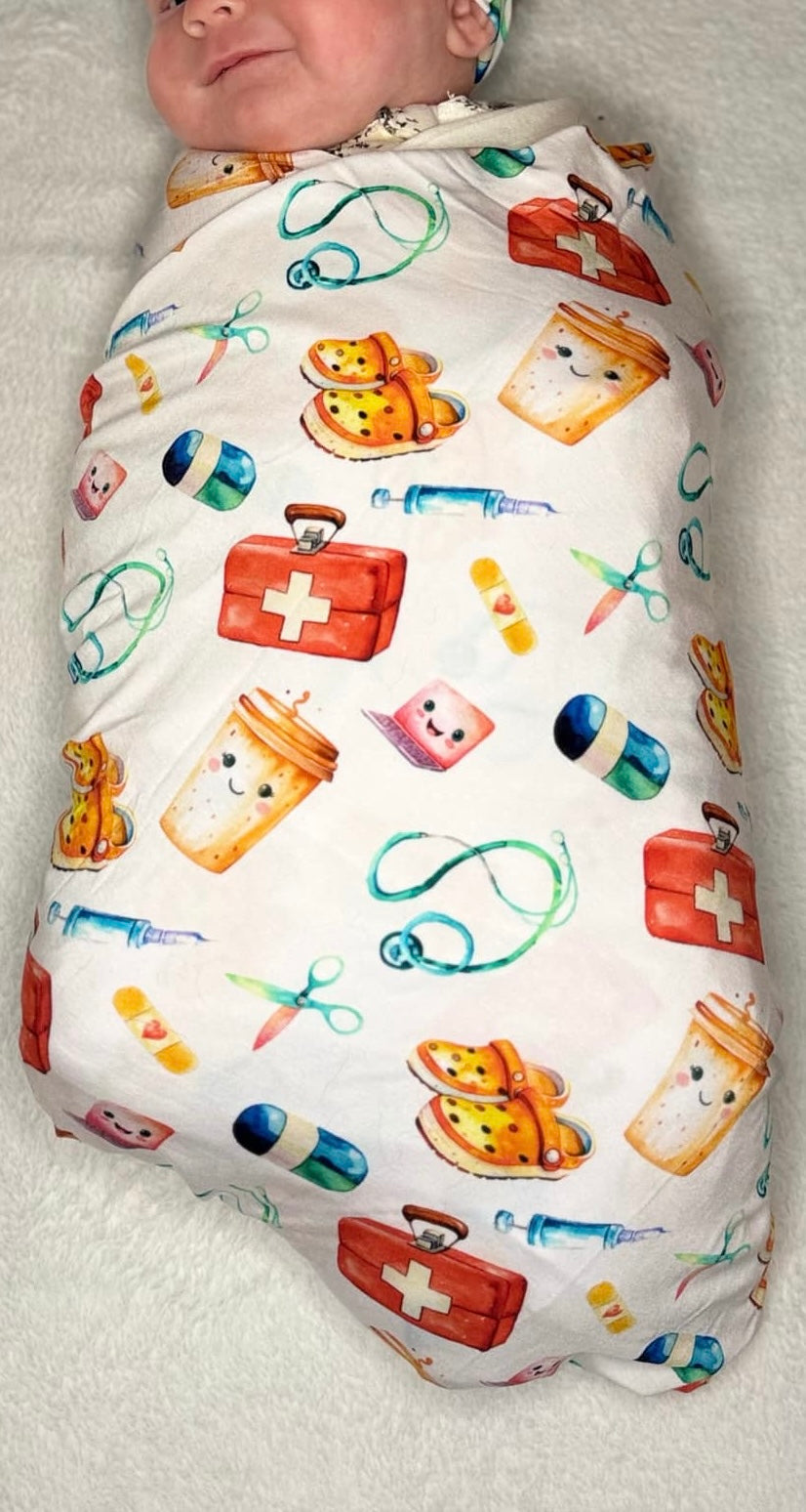 Healthcare Hero swaddle blanket and beanie HAT set