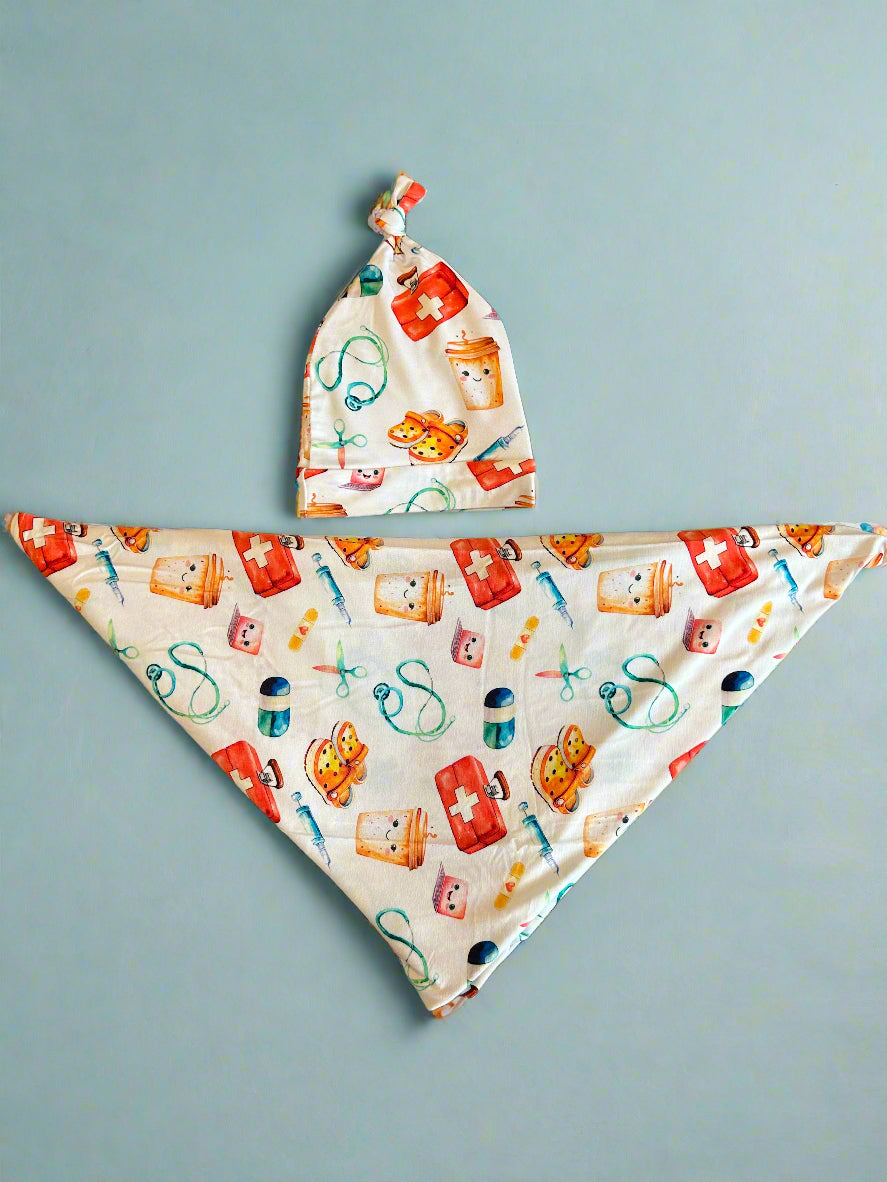 Healthcare Hero swaddle blanket and beanie HAT set