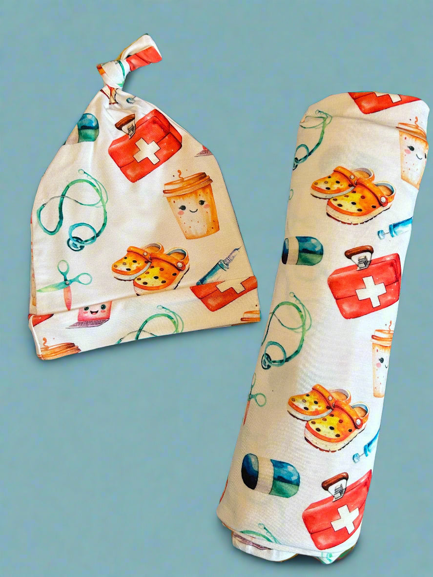 Healthcare Hero swaddle blanket and beanie HAT set