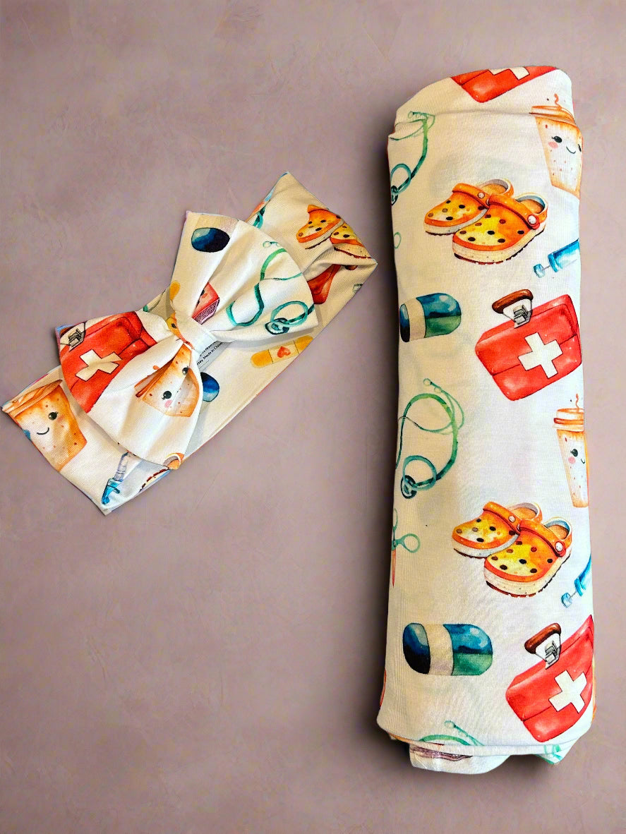Healthcare Hero Swaddle blanket and BOW set!